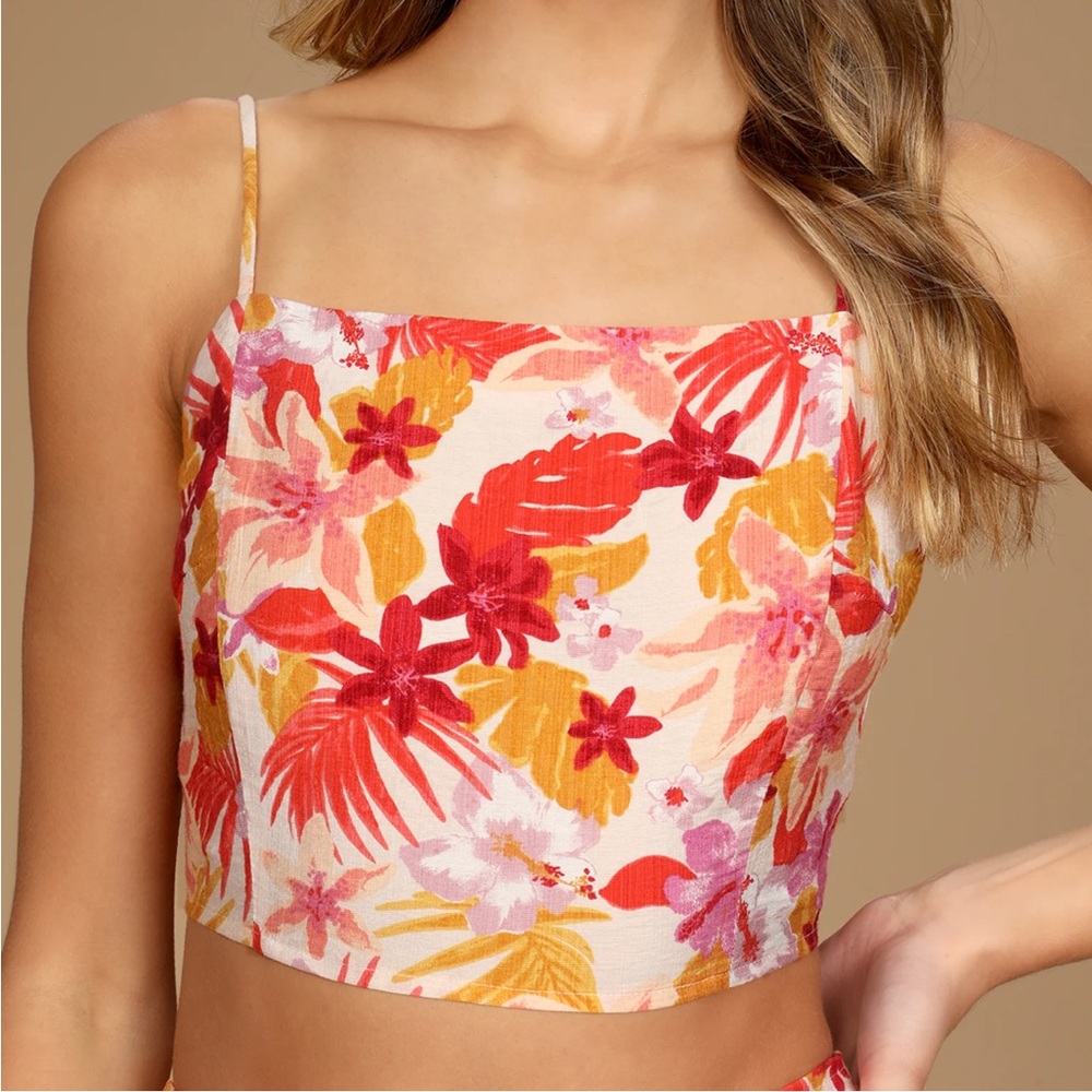 Lulu's Tropical Destinations Cream Floral Print Cropped Cami Top XS Boho